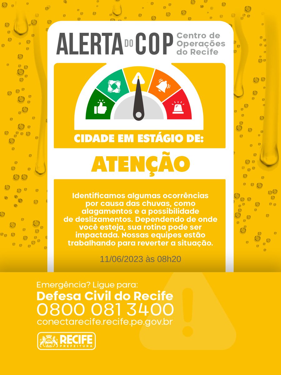 prefrecife's tweet photo. O RECIFE ENTROU EM ESTÁGIO DE ATENÇÃO NESTE DOMINGO (11/06), ÀS 08h20

🟡 Identificamos algumas ocorrências por causa das chuvas, como alagamentos e a possibilidade de deslizamentos. Dependendo de onde você esteja, sua rotina pode ser impactada. https://t.co/eRKRIcWfqT