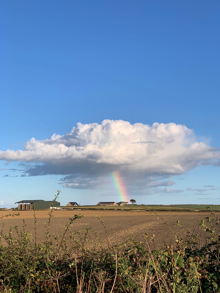 A rainbow only is where the droplets are, so Janice McClean captured this nice 'rainbow ray' coming down from an isolated cloud on September 29, 2021 at Beadnell Cove, Northumbria [source: buff.ly/43wCOhy]