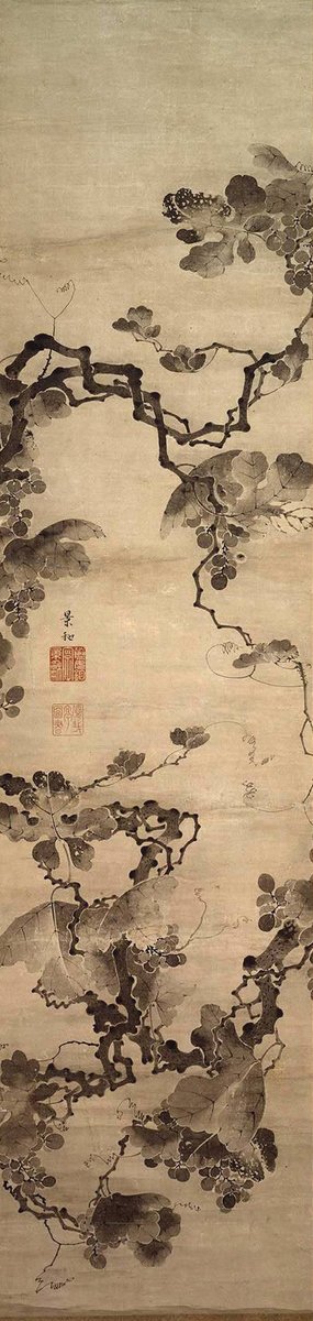 NihonBijutsushi's tweet image. 伊藤 若冲　いとう じゃくちゅう　Itō Jakuchū　1716–1800

《葡萄図　ぶどうず》

18世紀中頃・江戸時代
紙に墨・掛軸
アメリカ　エツコ＆ジョー・プライス コレクション