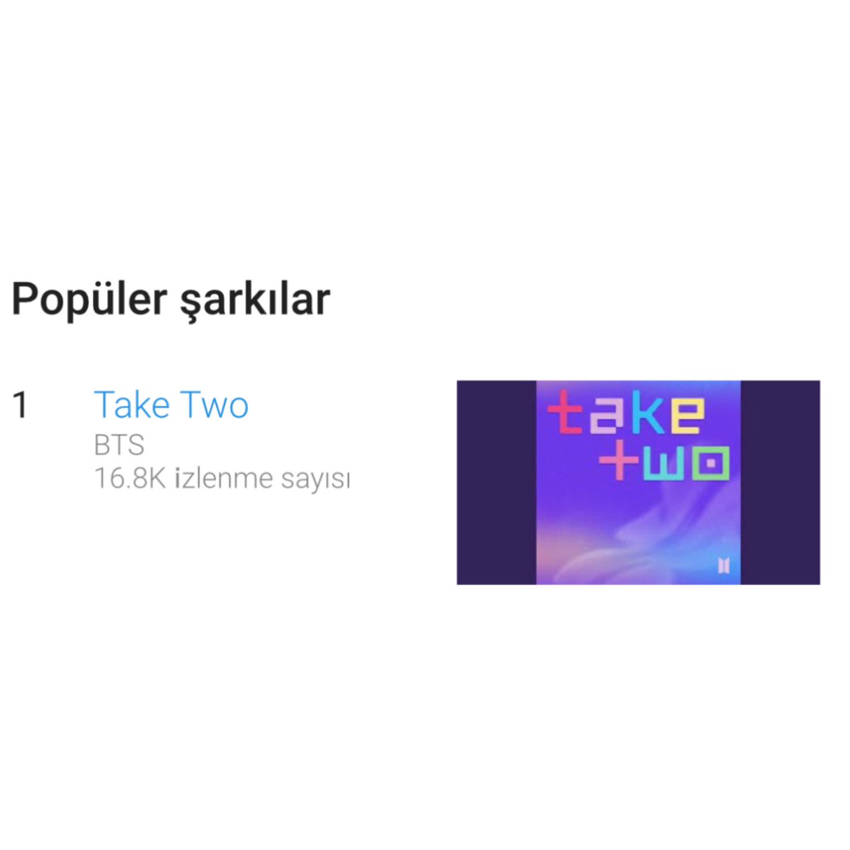 btsstreamaz's tweet photo. "Take Two" Youtube Azərbaycanda (🇦🇿) çıxış etdiyi gündən 16.8k izlənib🥹💜BTS-in Azərbaycanda ən çox izlənən musiqi videoları arasında #1 sıradadır!🔥🔥🔥 AzeARMY daha yaxşısını edə bilərik Fighting🔥��� https://t.co/rtCXPvvVtq