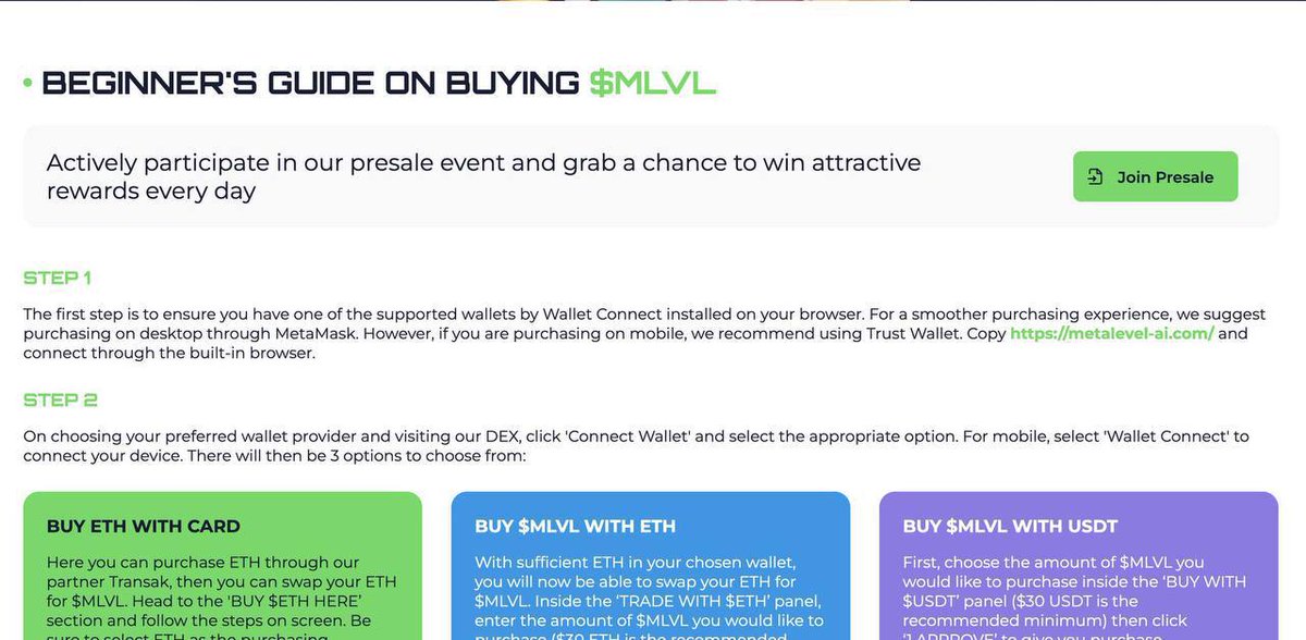 MetaLevelSystem's tweet image. Instructions for buying MLVL for presale can be found at the link - metalevel-ai.com/how_to_buy

Now the most favorable price for buying MLVL for presale is $0.008.