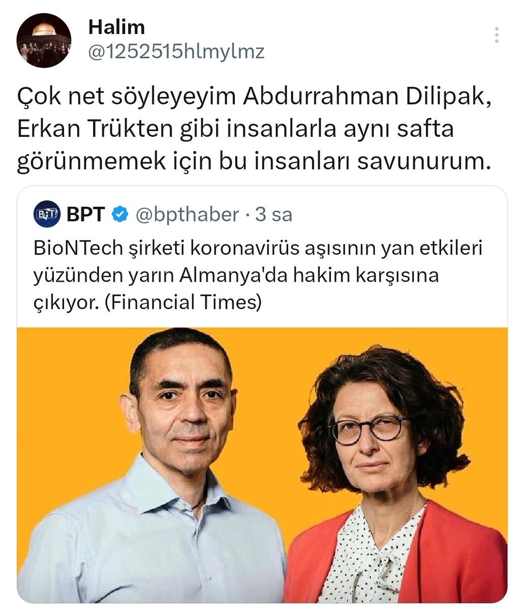 Bu adam kendine müslüman diyor. Bunların hakikatle, hakla müslümanlıkla alakası yok. Bir de utanmadan Kudüs fotoğrafı paylaşmış. Bunların dini başka bir şey olmuş. Gerekirse bize karşı Özlem Türeci ile Uğur Şahin savunacakmış. Görün bunların ülkeyi getirdiği hali!