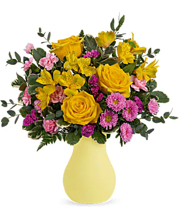 Brighten any day with this joyful bouquet of yellow roses and pink blooms arranged in a fabulous frosted glass vase.  True happiness hand-delivered to your special someone.

#thriftyflorist #happyweekend #sendflowers #floraldesign #florist #detroitflorist #flowerdelivery