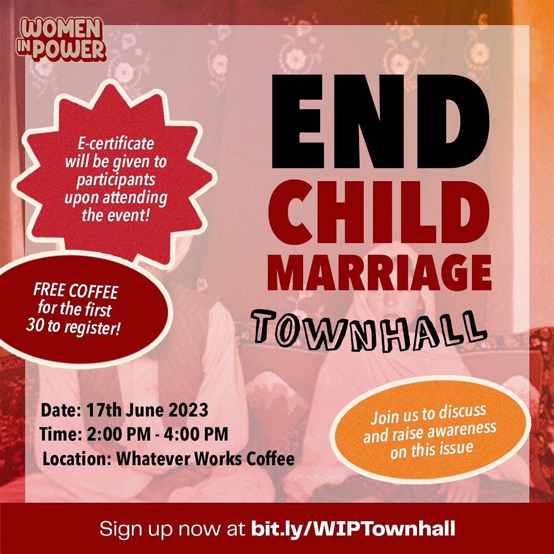 1,500 young girls below 18 years old are married EVERY YEAR.

If you believe that every girl deserves the right to build her own future, join us at the Women in Power townhall to discuss possible solutions to #EndChildMarriage TODAY.

❕Click the link on our bio to register ❕