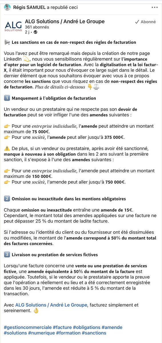 serge_heripel's tweet image. Il y a des fiches très bien faites …pourquoi se priver de les diffuser ? de les utiliser pour communiquer avec ses clients ? 
#facturation 
#expertscomptables 
🙏 via @RegisSamuelpro Linkedin