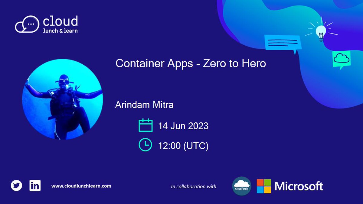 😀 Come lunch and learn with us 😀

📚 Container Apps - Zero to Hero
📅 Wednesday 14/6 at 12:00 UTC
🎫 bit.ly/3td92gd

#Cloud #Learn #100DaysOfCloud #Dev #Azure