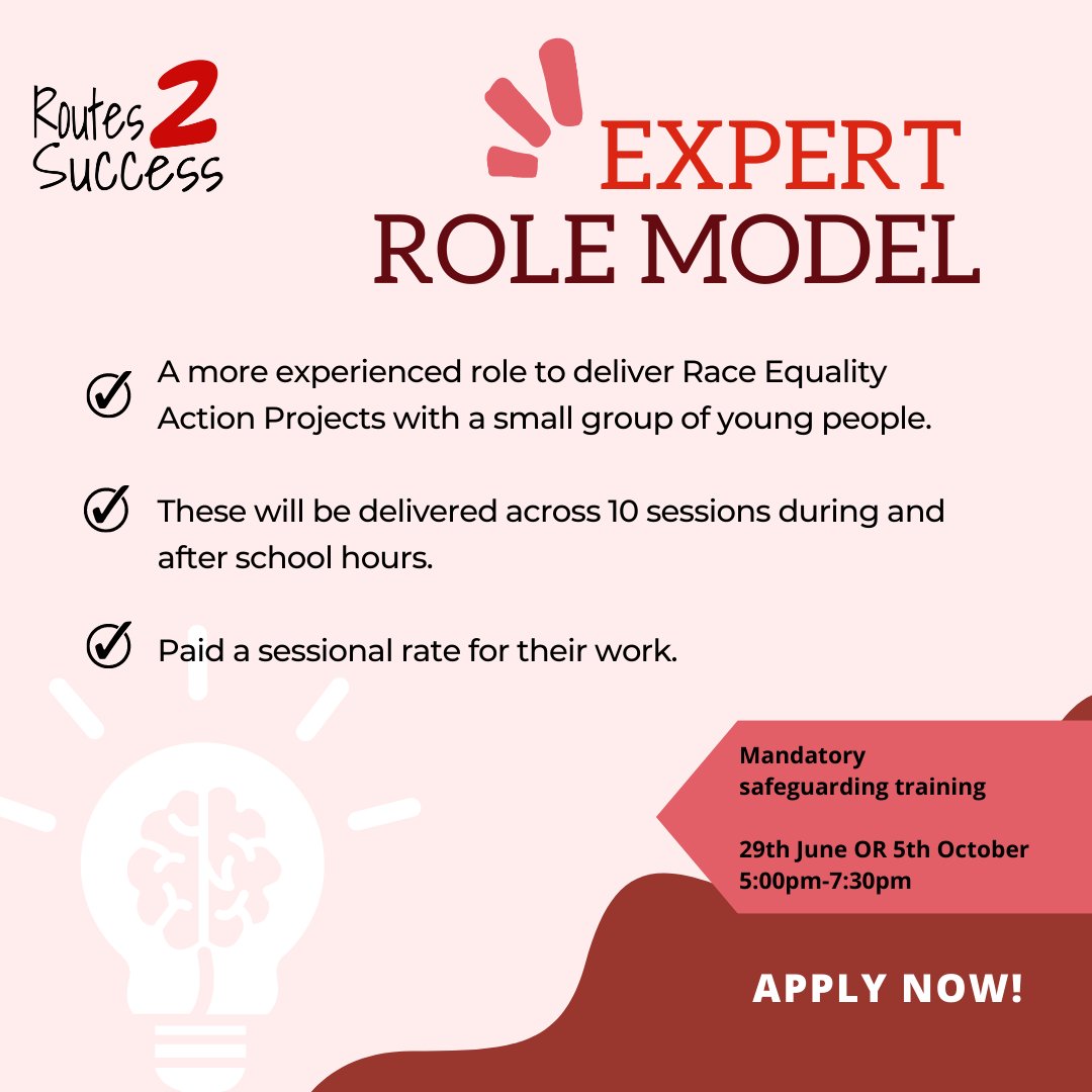 We're recruiting!
Help inspire young people take action on equality! 

Our brand new Expert #Rolemodel role is a PAID opportunity for individuals to work closely with + address the issues most important to young Black, Asian &amp; minority ethnic people 👇 ​
actionforraceequality.org.uk/hiring-expert-…