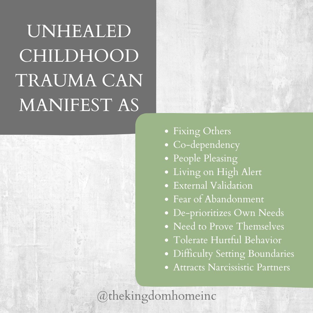 ✨Unhealed childhood trauma can manifest in various ways, such as anxiety, depression, low self-esteem, substance abuse, relationship issues, and physical health problems.
#thekingdomhomeinc #traumasurvivor #healingpower
