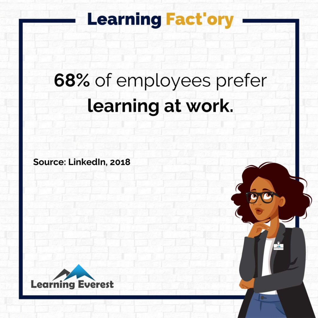 68% of employees prefer learning at work.
Source: LinkedIn, 2018
#elearning #digitallearning #learninganddevelopment #learningeverest #learningfactory https://t.co/T34QkfFWu3