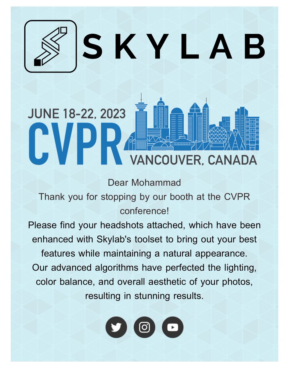 SkylabTechAI's tweet image. Find us at #CVPR2023 Expo in Vancouver and get a free professional headshot at our Booth/Studio! You’ll immediately receive your #retouched photos. #cvpr #computervision #photography