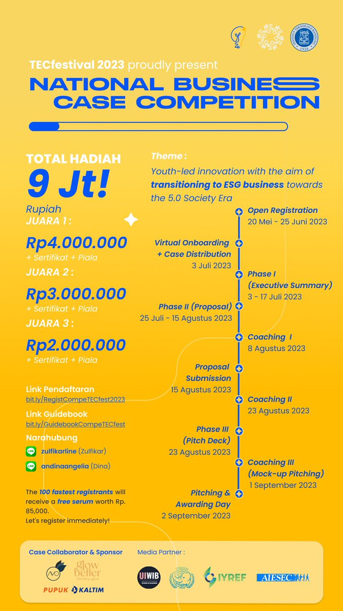 tec_festival's tweet photo. Halo, Youthpreneur!👋
TECFest 2023 ITB tahun ini akan mengadakan Business Plan Competition dan Business Case Competition untuk mahasiswa/i seluruh Indonesia

⏰Tanggal pendaftaran:
20 Mei - 25 Juni 2023 https://t.co/dEk22jLANF