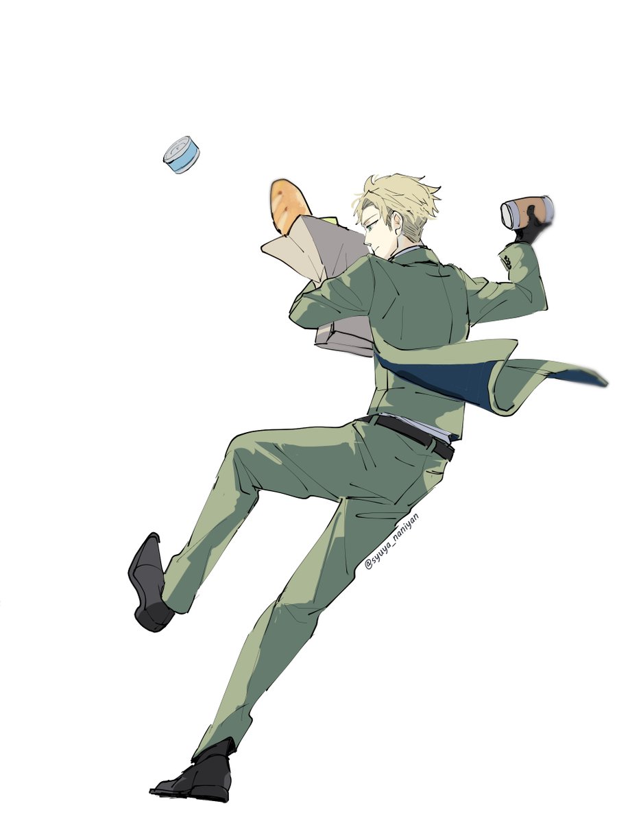 twilight (spy x family) bread 1boy blonde hair green pants male focus baguette solo  illustration images