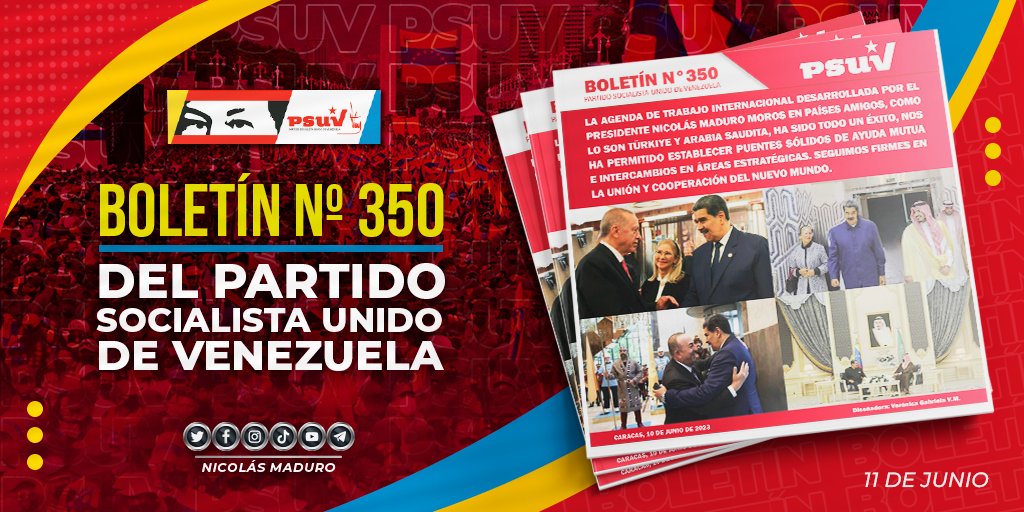 Les comparto la edición N° 350 del Boletín del <a href="/PartidoPSUV/">PSUV</a>, cargado de la Diplomacia Bolivariana de Paz que llevamos en nuestra gira por Türkiye y Arabia Saudita. ¡Descárgalo! ==> bit.ly/42Bl6YR