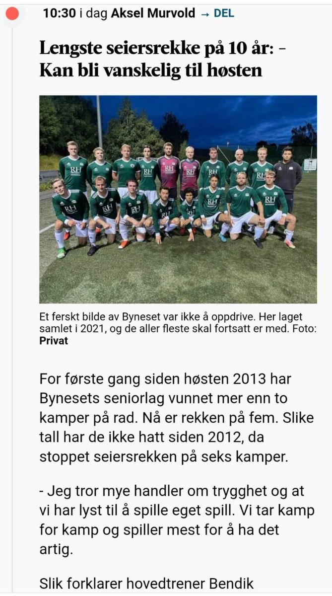 Vårens seiersrekke har vært nok til at Adressa tok kontakt og laget en liten sak om oss. 

adressa.no/sport/fotball/…