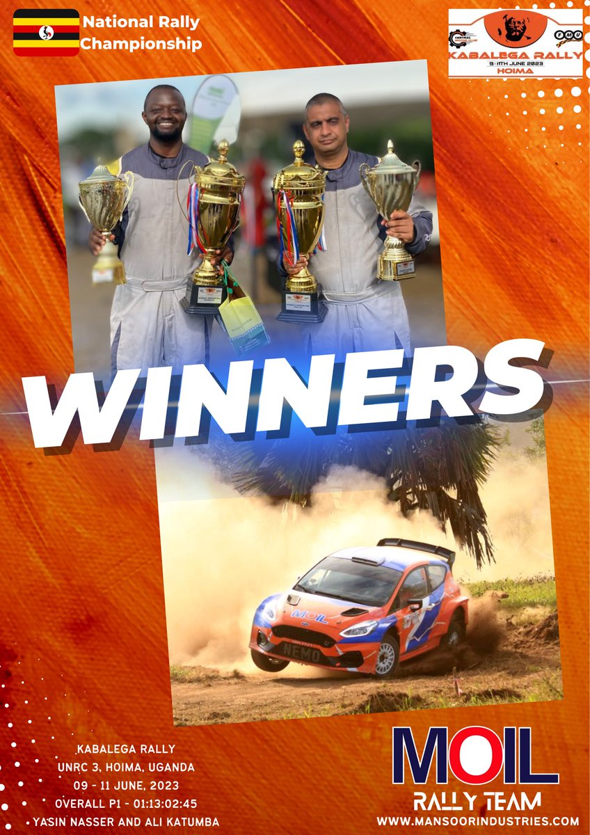 FINAL CLASSIFICATION

Mission - Kabalega Rally, Hoima
Done and Dusted! ✅
#MOILRallyTeam Overall P1! 
Podium ✅
Championship Lead - Extended ✅
Nemo on 🔥
#GameChangers #ThePodiumTeam 

#MOIL #FuelingRegionalGrowth #FordFiestaRally2 #Msport