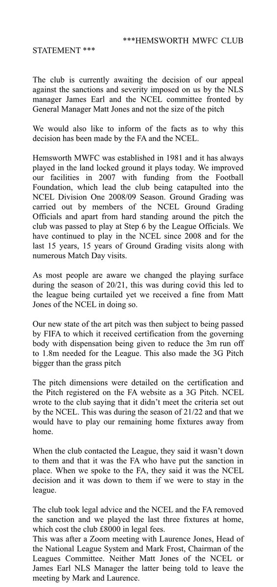 HemsworthMWFC's tweet photo. Official statement regarding our exemption from the NCEL (Subject to appeal)

@NCEL @mattjones1973 @jamesdearl https://t.co/wTDAoBRAyi