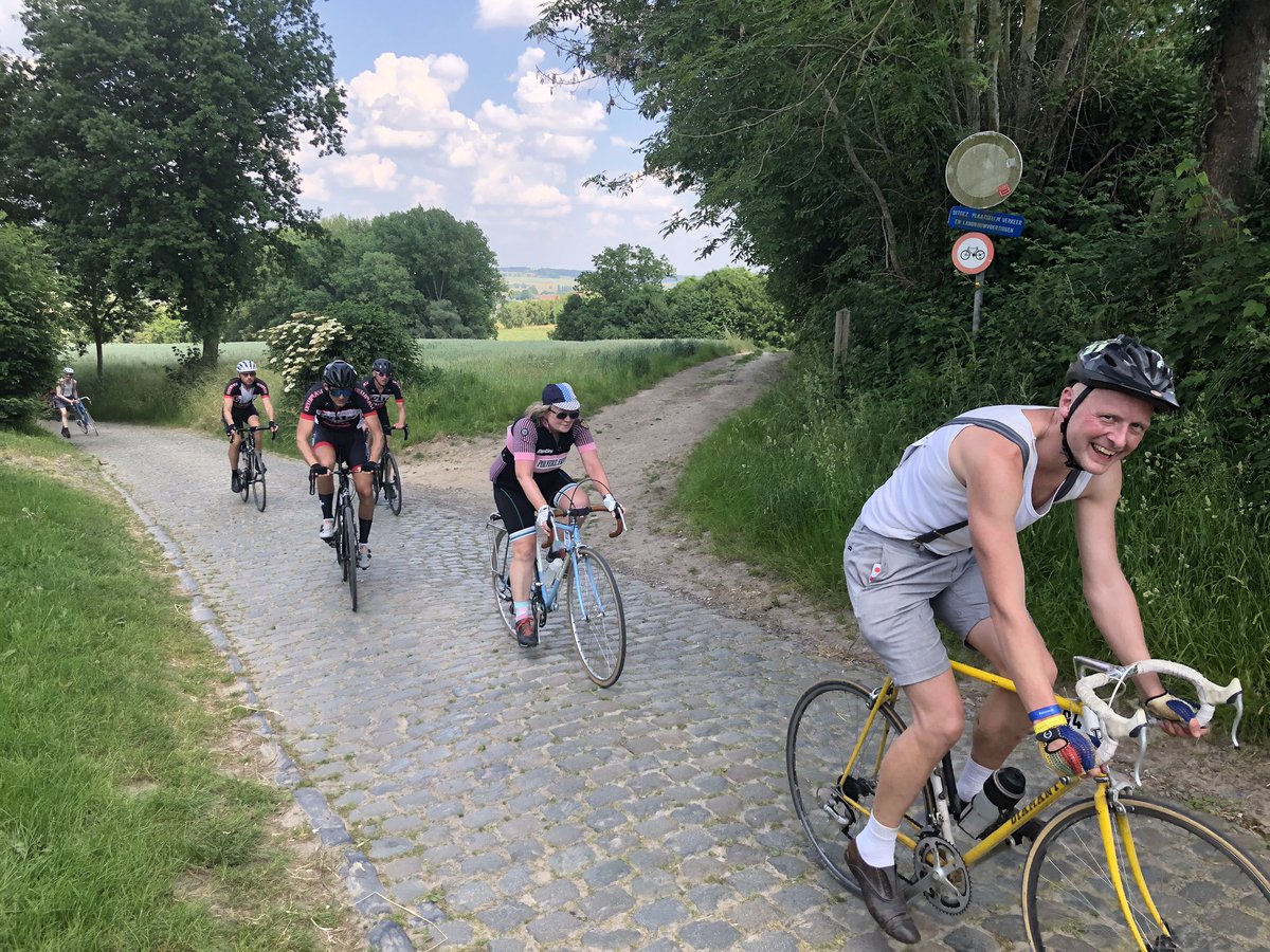 glorydaysbikes's tweet photo. Today we did 120 km of the Retro Ronde from Oudenaarde. Cobbles, gravel and sand and a ride up the Oud Kwaremont on our 1980 Merlin and 1981 Vernon Barker on 25 mil tyres. #steelisreal #cycling #retroronde #Belgium https://t.co/JiFVr6fEv2