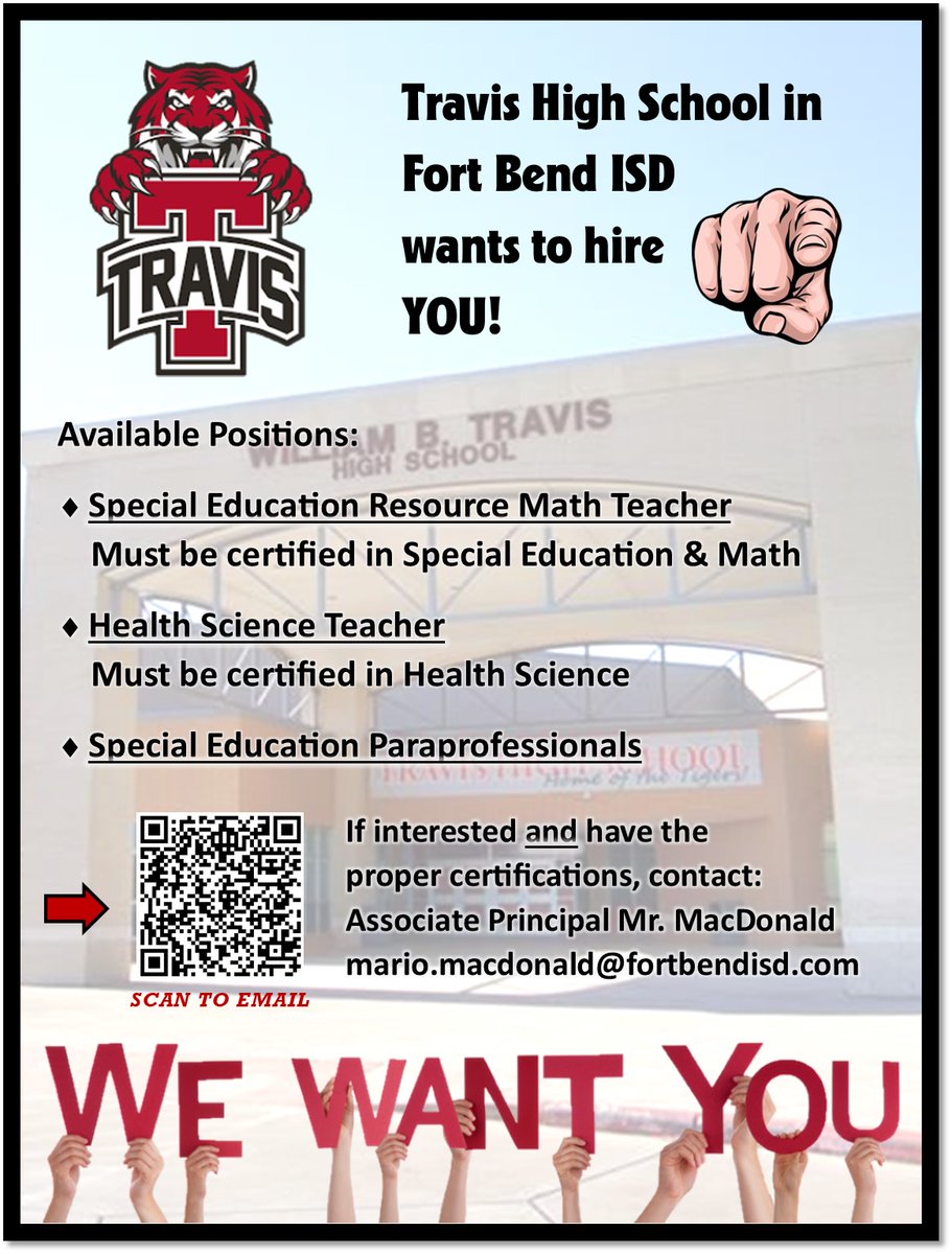 THS_Tigers's tweet photo. We are in search of a few more great people to add to our THS Family! Come be a part of a great district @FortBendISD and great culture at Travis High School! #TigerPride365 @Matt_Stepp817 https://t.co/60W1UVre1A