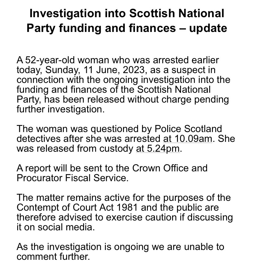 Nicola Sturgeon released without charge after more than 7 hours in police custody, being questioned as part of an investigation into the SNP’s finances.