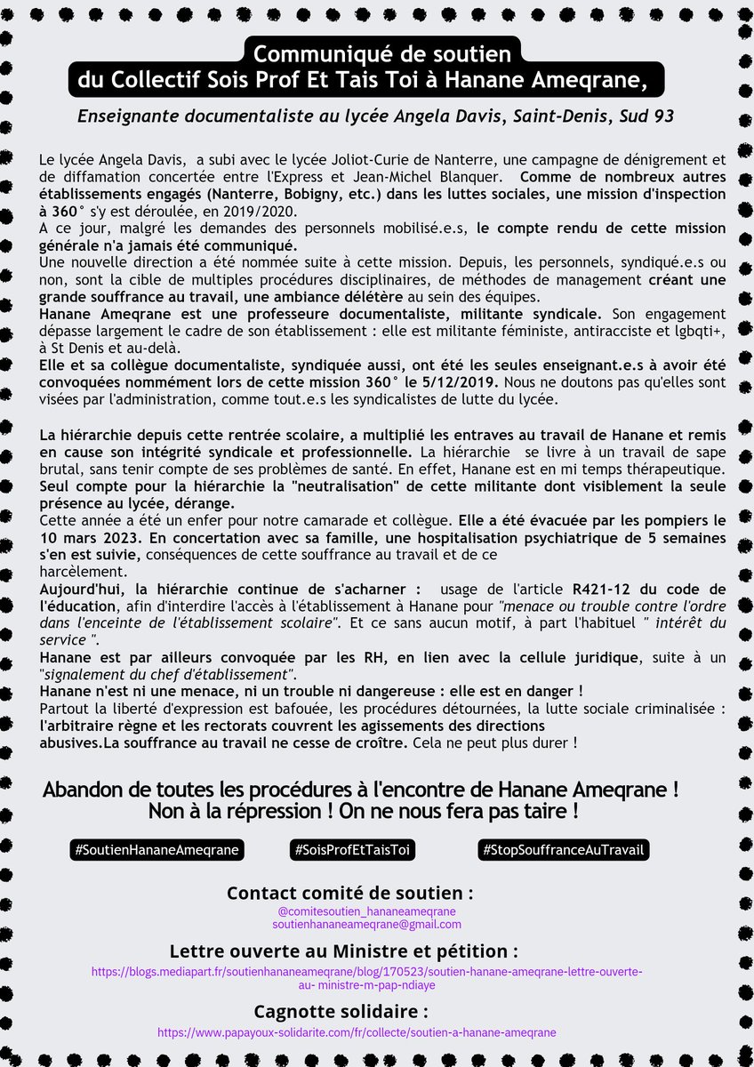 Sud éducation 93 s'associe au collectif Sois Prof Et Tais Toi pour dénoncé la répression que subit Hanane, tous et toutes devant le rectorat de Créteil pour lui apporté notre soutien, mercredi 14 juin à 11h !
#soisproftaistoi , #soutienhananeameqrane