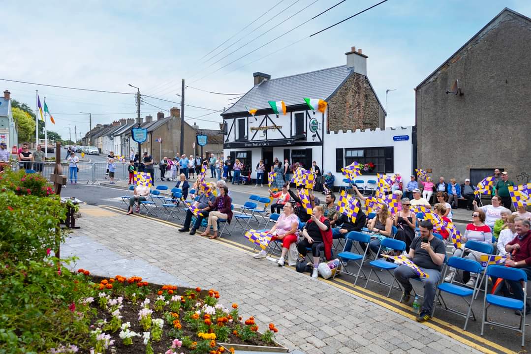 VisitNewRoss's tweet photo. Tricolour and Wexford flags all around today  🇮🇪💜💛✨

In 1998, then Taoiseach Bertie Ahern opened the Remembrance Garden, at the Three Bullet Gate - Today he was back in town to mark the 225th anniversary of the United Irishmen’s rebellion  🇮🇪 https://t.co/QgAf8NThyS