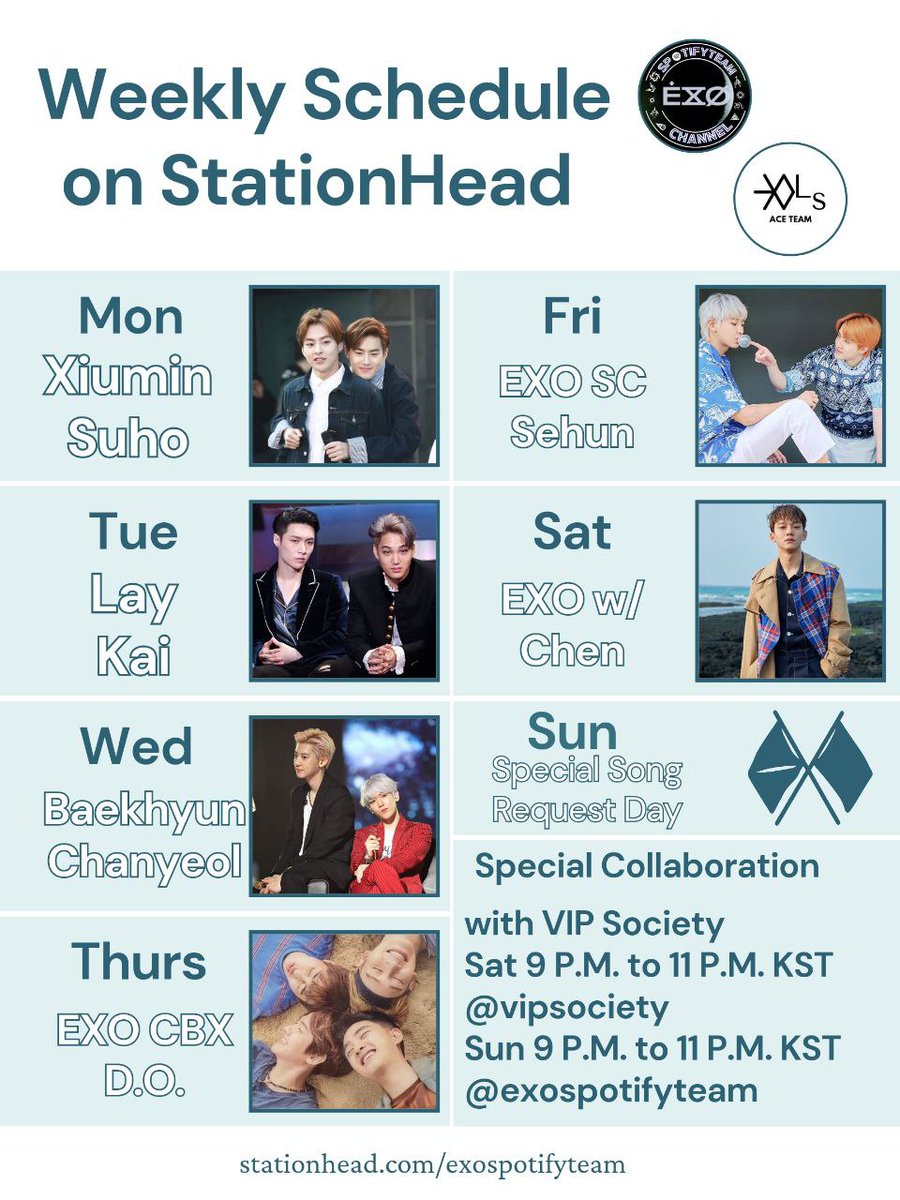 EXOspotifyTeam's tweet photo. EXO-Ls, 
we are inviting you to join our streaming party on @STATIONHEAD 
come chat,request songs &amp; meet new EXO-L friends while waiting for #EXIST to EXIST  🎧

📻 https://t.co/A5RE49ocLk 

#EXO #엑소 #weareoneEXO
#EXO_EXIST 

This week's members and collab schedule below 👇 https://t.co/3PJyIXFwMm