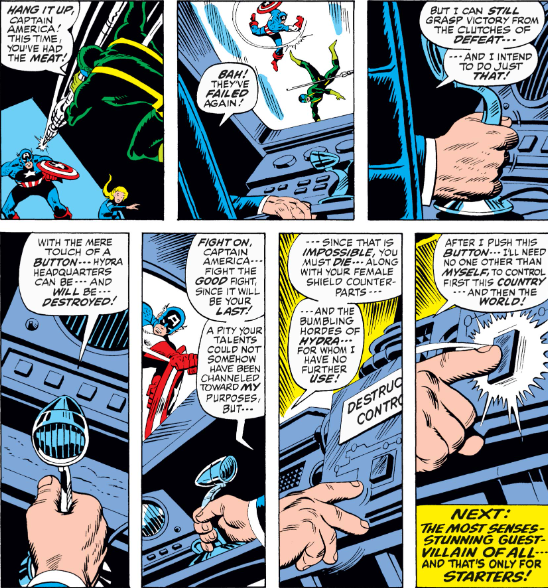 MarvelADay's tweet photo. #MarvelADay #Cap146 Foreseeing failure, our still unseen ultimate (or is that penultimate?) villain pushes the clearly-labeled Destroy HQ button. Tune in tomorrow to witness the earth-shattering KABOOM! Maybe. - crs https://t.co/fYrXM5BjGc