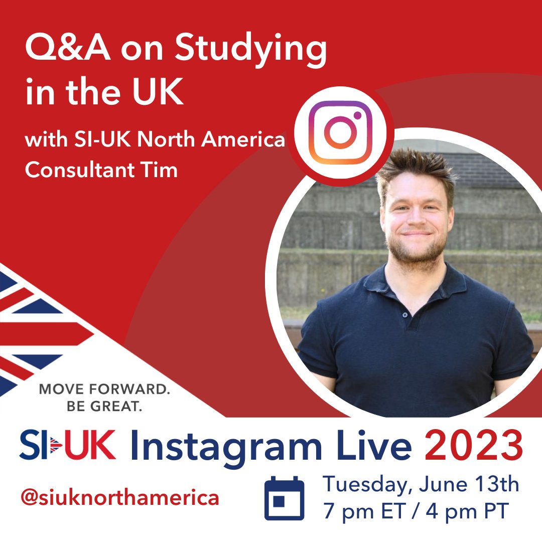 Do you have burning questions about studying in the UK? 

Join SI-UK Consultant Tim on June 13th from 7 pm ET/4 pm PT, for an Instagram Live Q&A session.

Make sure you are following our profile on Instagram to be alerted when we go live.

Follow us: buff.ly/3QpDSg0