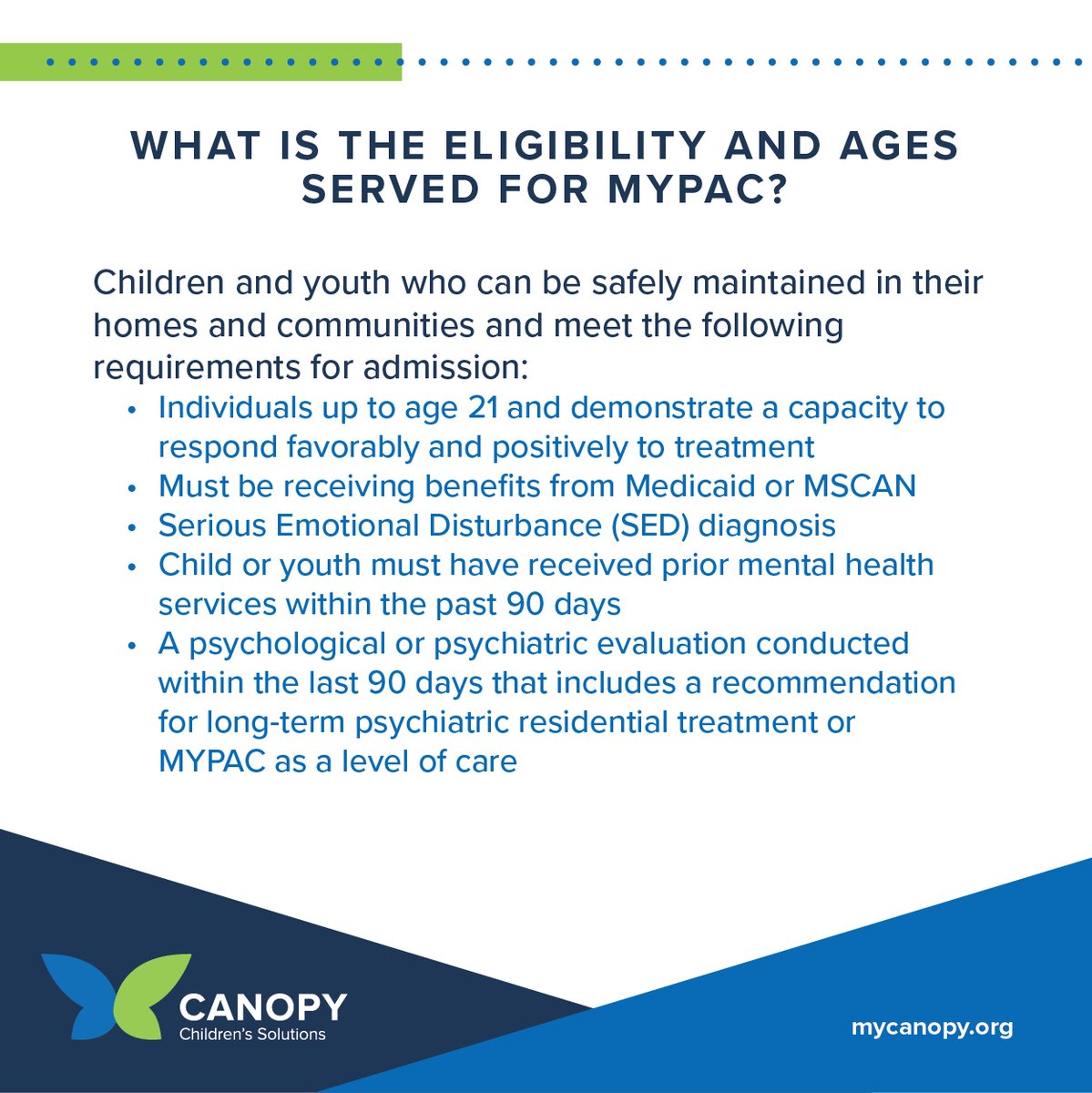 canopychildren's tweet image. There are eligibility requirements for enrollment in Mississippi Youth Programs Around the Clock. Contact a Care Coordinator today at 800.388.6247 to learn more. #SolutionSpotlight #MYPAC