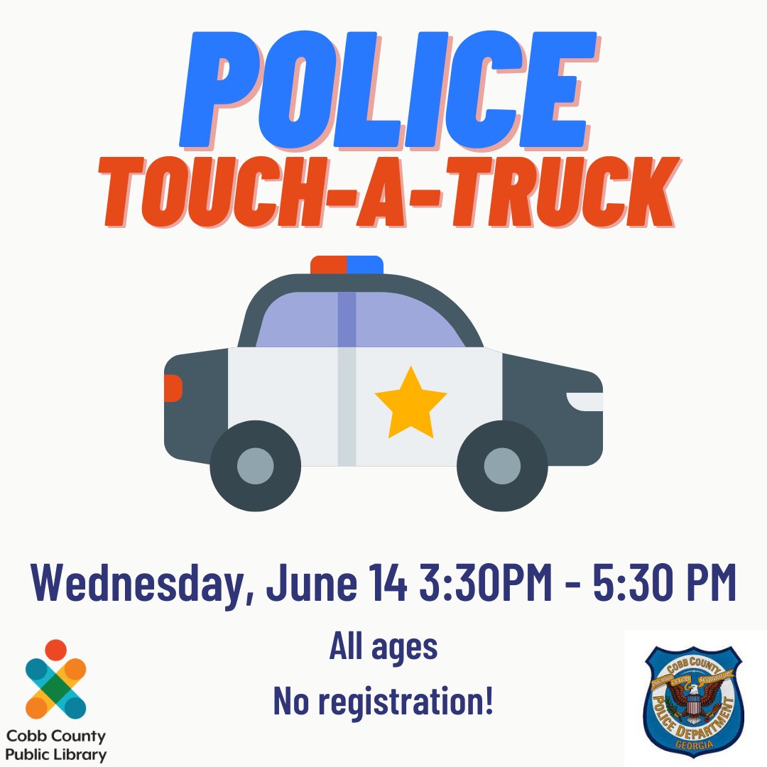 Meet community helpers! Officer M. Justice will be at #NorthCobbLibrary on Wednesday, June 14 from 3:30 pm to 5:30 pm to offer an up close look at his police car!
.
#CobbPolice #CobbLibrary
