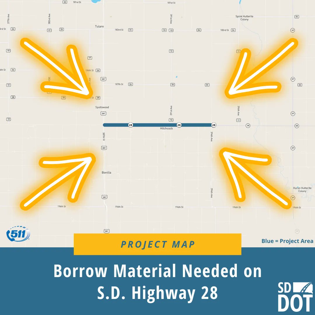 Do you live in the area indicated by the map below? 

The SDDOT is reaching out to area landowners to generate interest as a borrow (fill material) provider. 

View the full press release at: dot.sd.gov/blog/2905/sddo… 

#SDDOT #SD511