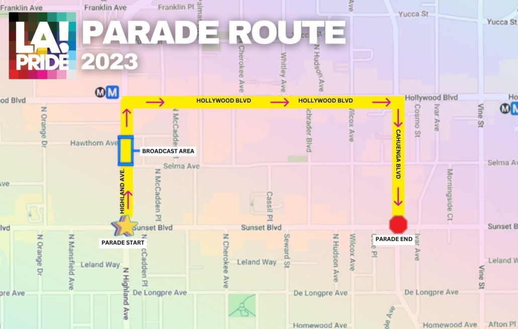 Happening today! The 2023 LA Pride Parade and Pride Village return to Hollywood Sunday, Jun 11, starting at 11 am.  Arrive early. 🌈

Come and celebrate with over 130 parade floats, marchers, performers, and more supporting equality for the LGBTQIA+ community! #LoveYourPride