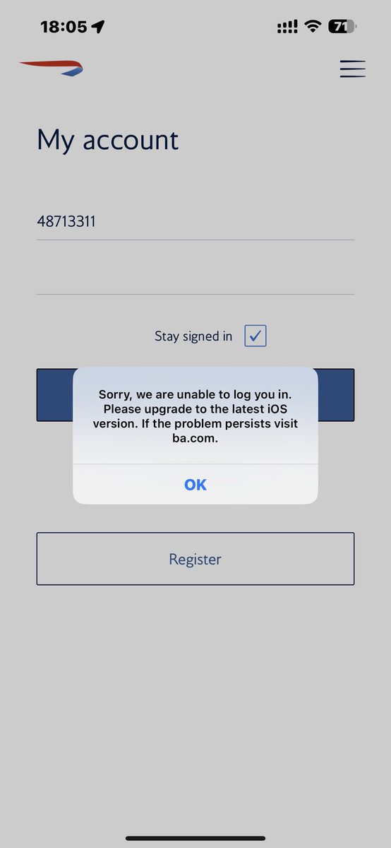neilsalt's tweet photo. @British_Airways please sort out your app and web login! https://t.co/jaNYTCjuw5