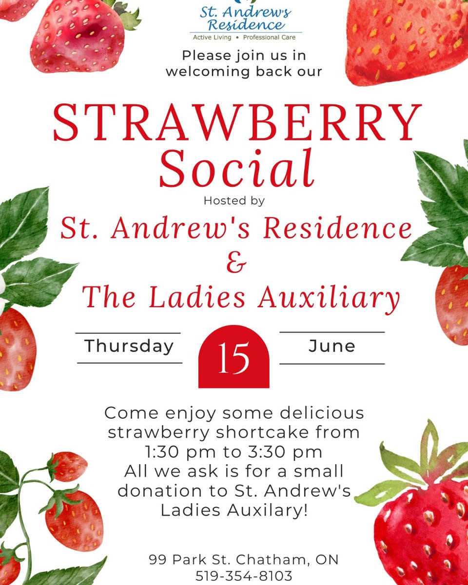 Join St. Andrew's Residence on June 15th from 1:30 pm to 3:30 pm for some fresh delicious strawberries.
For further questions please call us at 519-354-8103. 🍓
#YourTVCK #TrulyLocal #CKont #StrawberrySocial