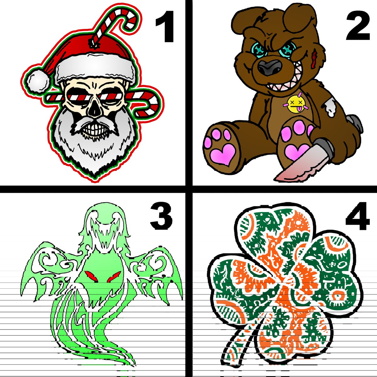 ECGDesigns13's tweet image. We&apos;re going to bring back a limited time holiday design to remain in the shop permanently! So comment the 1 that you like the most!

#ecgdesigns #designpoll #santaskull #demonbear #ghost #clover