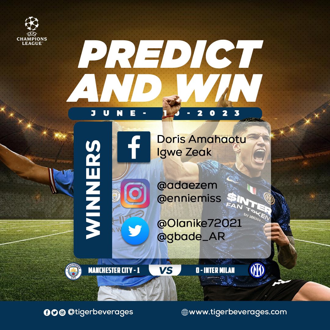 Thank you all for participating. Congrats to the winners @gbade_AR @Olanike72021  Please send a DM within 48 hours.
See you in the next one!

#UCL #Football #Giveaway #PredictAndWin #Sports #TigerBeveragesLimited #Wine #SparklingWine #energyDrink #Vodka #herbalLiqueur