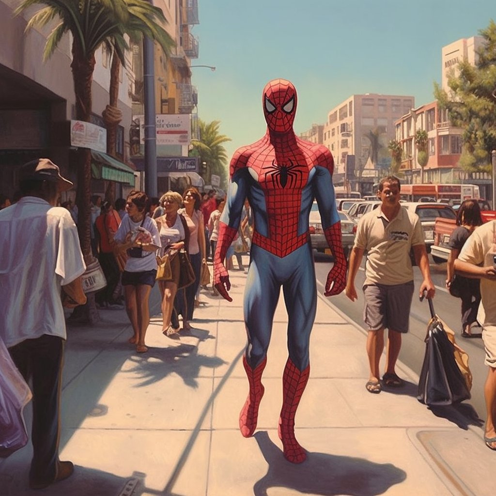 Spider-Man walking down the street in Los Angeles. Pretty much nailed this one, even with the murse in the last one.

#midjourney #midjourneyart #midjourneyai #ai #aiart #generativeart #spiderman #losangeles #murse https://t.co/XzJGT3bpUA