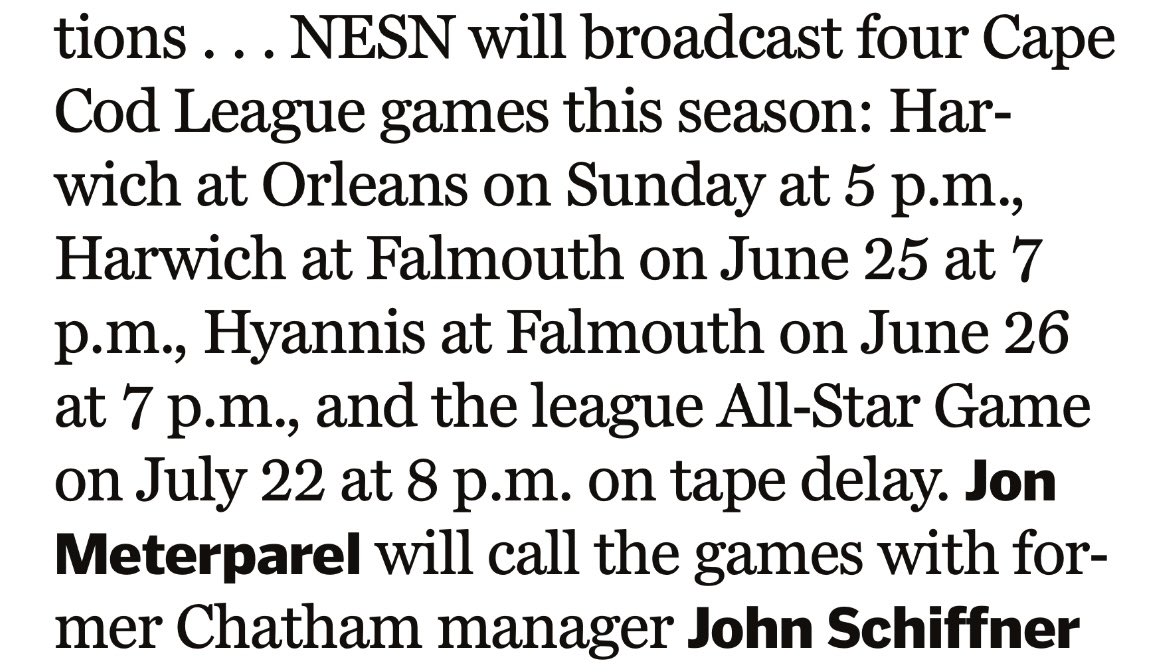 Thanks @PeteAbe for posting the @NESN broadcasts of the 2023 @OfficialCCBL season in today’s @BGlobeSports Baseball Notes column. Starting tonight live from @FirebirdsCCBL with @meatstweets and @schiff_15 on the call. #CapeLeague100 @codball @rightfieldfog