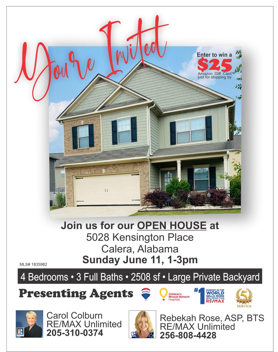 rebekahroserea1's tweet photo. CHECK OUT this beautiful home for sale in #Calera #Alabama #ShelbyCounty!!  Stop by our #OpenHouse TODAY, Sunday June 11 from 1-3pm. Enter for your chance to win a $25 Amazon Gift Card. #homesforsale #DreamHome #homesinshelbycounty #justlisted #CaleraHomesForSale #ReMaxUnlimited https://t.co/GCExuHO7fx