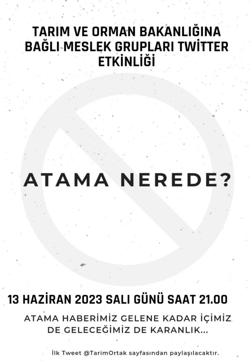 Tarım ve Orman Bakanlığına bağlı meslek mensupları olarak salı 21.00de Twitter'da buluşuyoruz.

✅Balıkçılık Teknolojisi Mühendisleri
✅Biyologlar
✅Gıda Mühendisleri
✅Laborantlar
✅Su Ürünleri Mühendisleri
✅Teknikerler
✅Teknisyenler
✅Veteriner Hekimler
✅Ziraat Mühendisleri