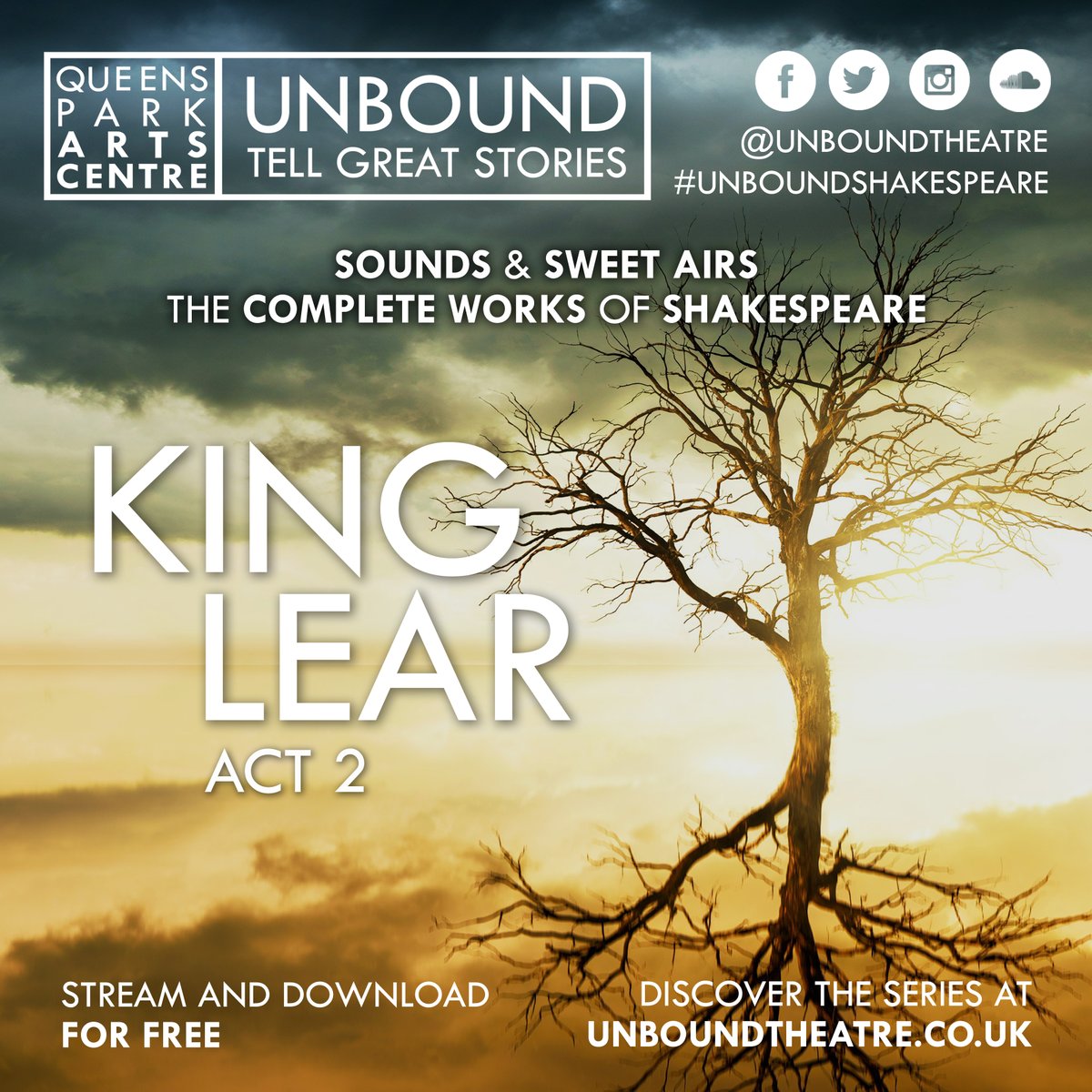Having fled Goneril's house in a rage, Lear calls upon Regan in expectation of a kinder reception, only to find more than one storm approaching...

Act 2 of 'King Lear' is free to stream and download:
soundcloud.com/unboundtheatre…

#TellGreatStories #AudioDramaSunday #ShakespeareSunday