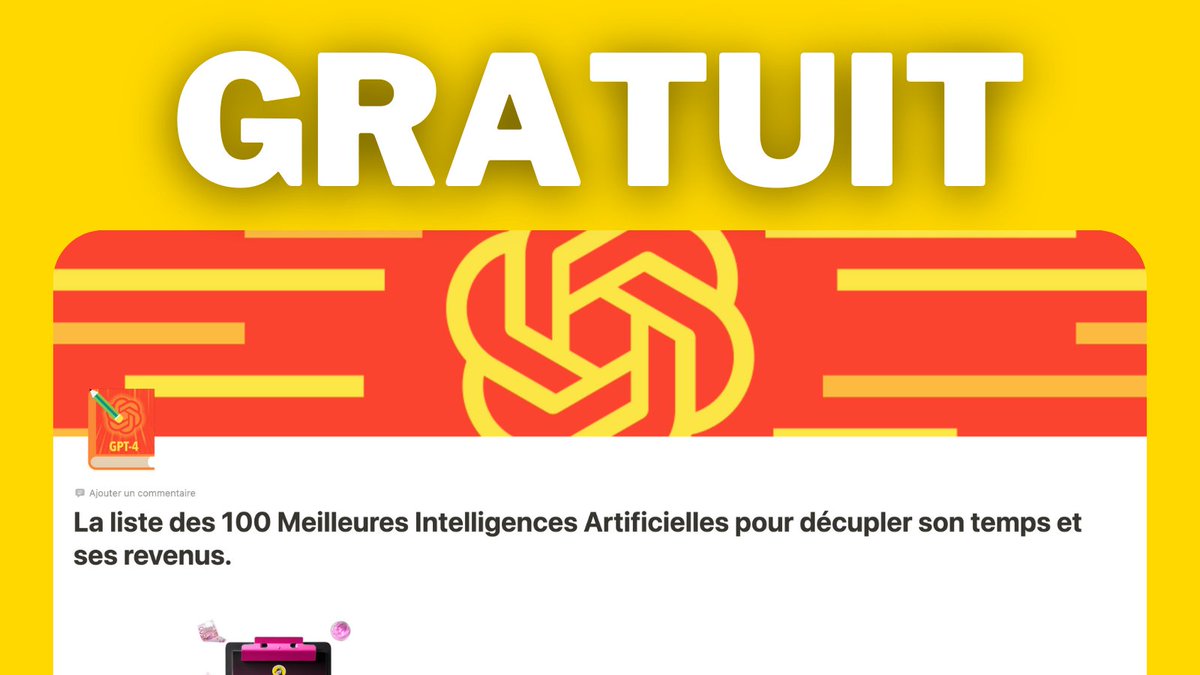 Valentin Chambraud (@vchambraud) on Twitter photo Des ados gagnent +10 000€/mois grâce à ChatGPT,
Mais il existe mieux maintenant.
Je t'ai donc listé les 100 meilleures IA.
Normalement à 249€, mais GRATUIT pendant 48h !
Pour le recevoir en DM, il faut :
- Me follow <a href="/VChambraud/">Valentin Chambraud</a>
- RT ce tweet
- Commenter "100IA" Des ados gagnent +10 000€/mois grâce à ChatGPT,
Mais il existe mieux maintenant.
Je t'ai donc listé les 100 meilleures IA.
Normalement à 249€, mais GRATUIT pendant 48h !
Pour le recevoir en DM, il faut :
- Me follow <a href="/VChambraud/">Valentin Chambraud</a>
- RT ce tweet
- Commenter "100IA"