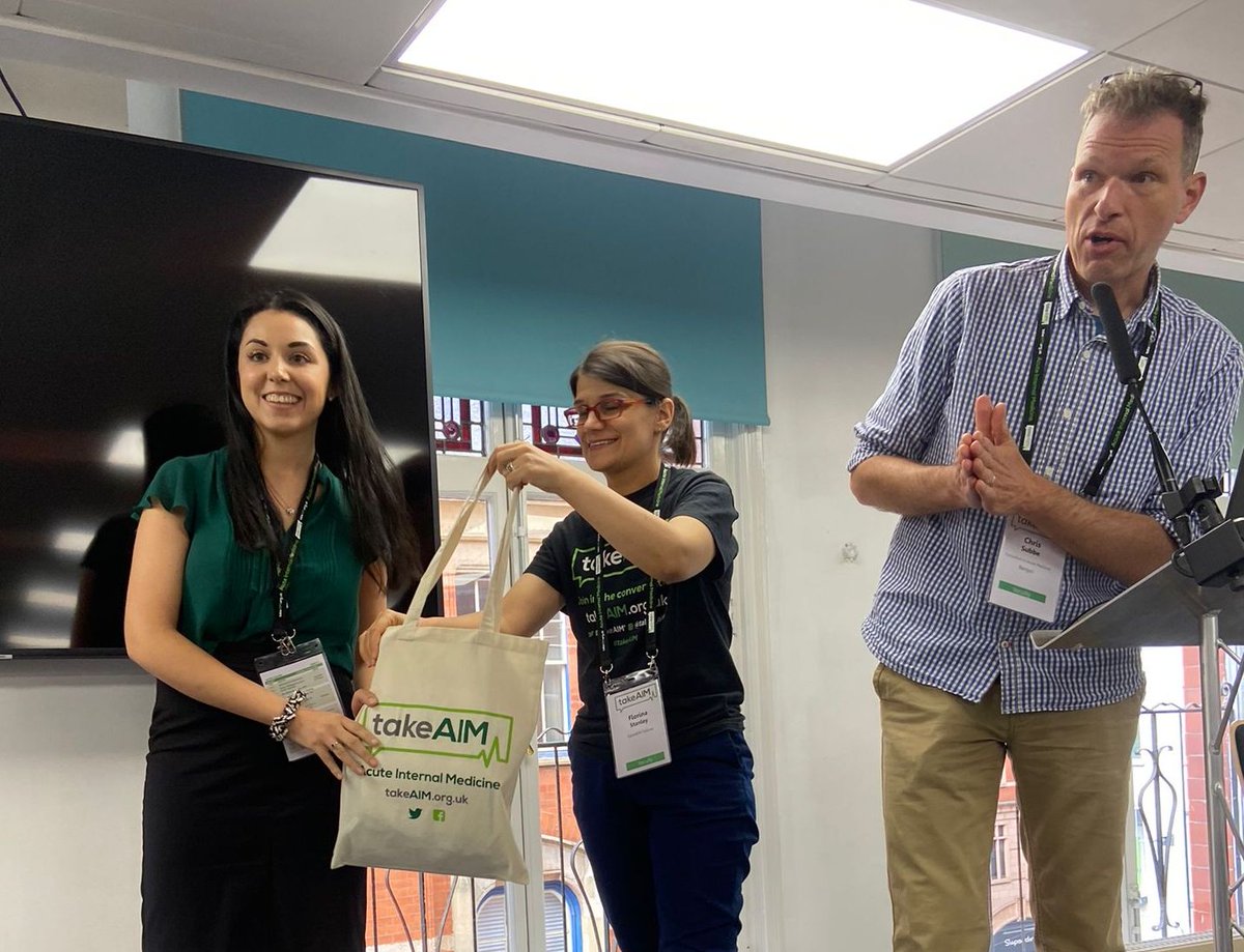 take__AIM's tweet image. Congratulations to our #TakeAIM23 poster prize-winners:
1st prize to Jasmine Quraishi for her poster on digitalising treatment guidelines
2nd prize to Polly Simpson: #hubhints medical education in a social media world
3rd prize to Tamsin Lancaster: Urinary Ag testing for CAP  1/2