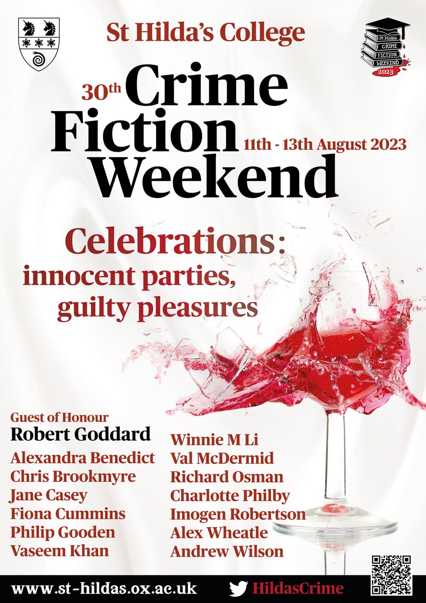 The full programme for our 30th Crime Fiction Weekend is now online: 

Celebrations: Innocent parties, guilty pleasures  

In Oxford and online, 11-13 August. 

Full programme bitly.ws/I4zS

Tickets bit.ly/3YHn35t 

#HCFW23