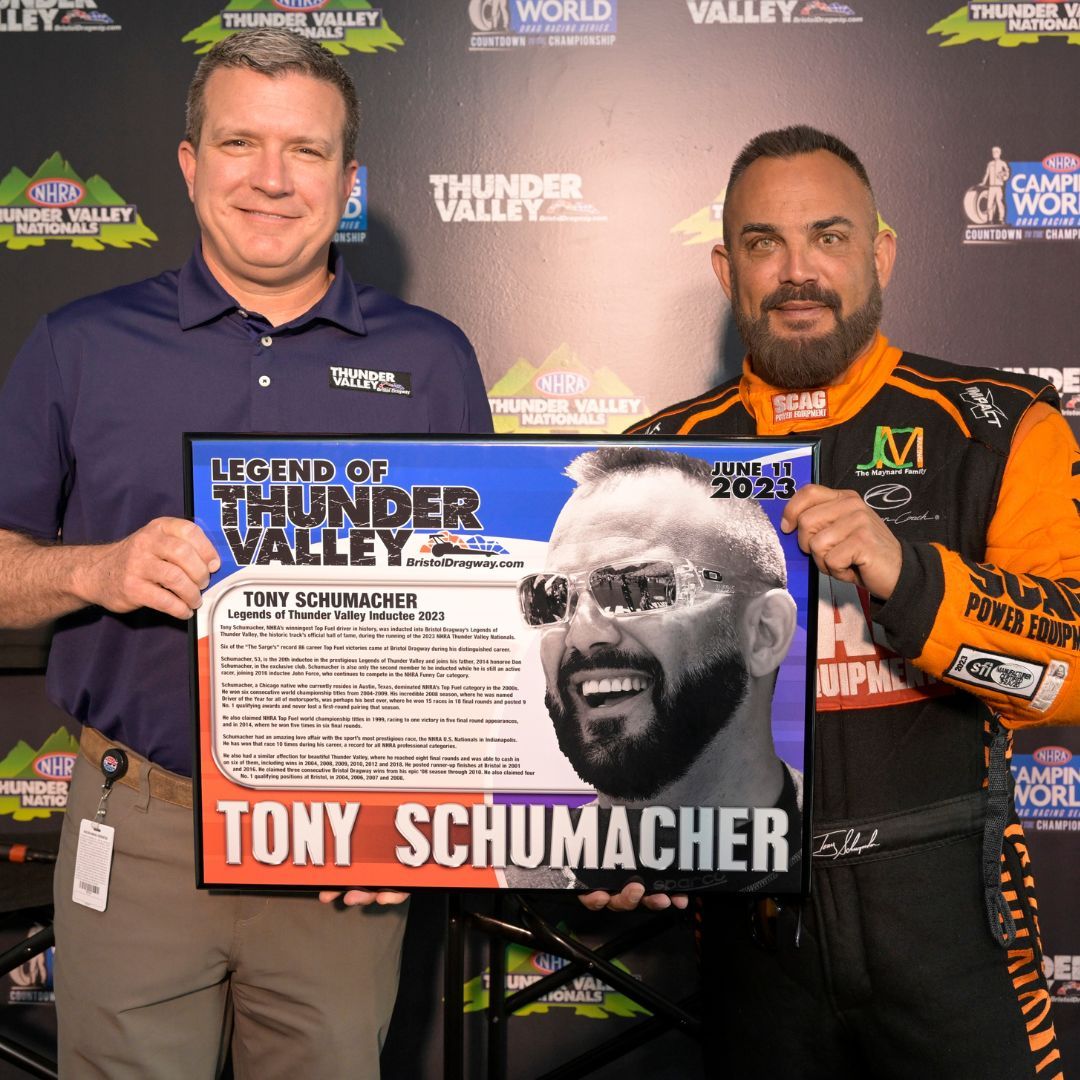 "THE SARGE" TONY SCHUMACHER INDUCTED INTO THE LEGENDS OF THUNDER VALLEY

Read Story: bit.ly/3Nyi9UR

#ItsBristolBaby #ThunderValleyNats