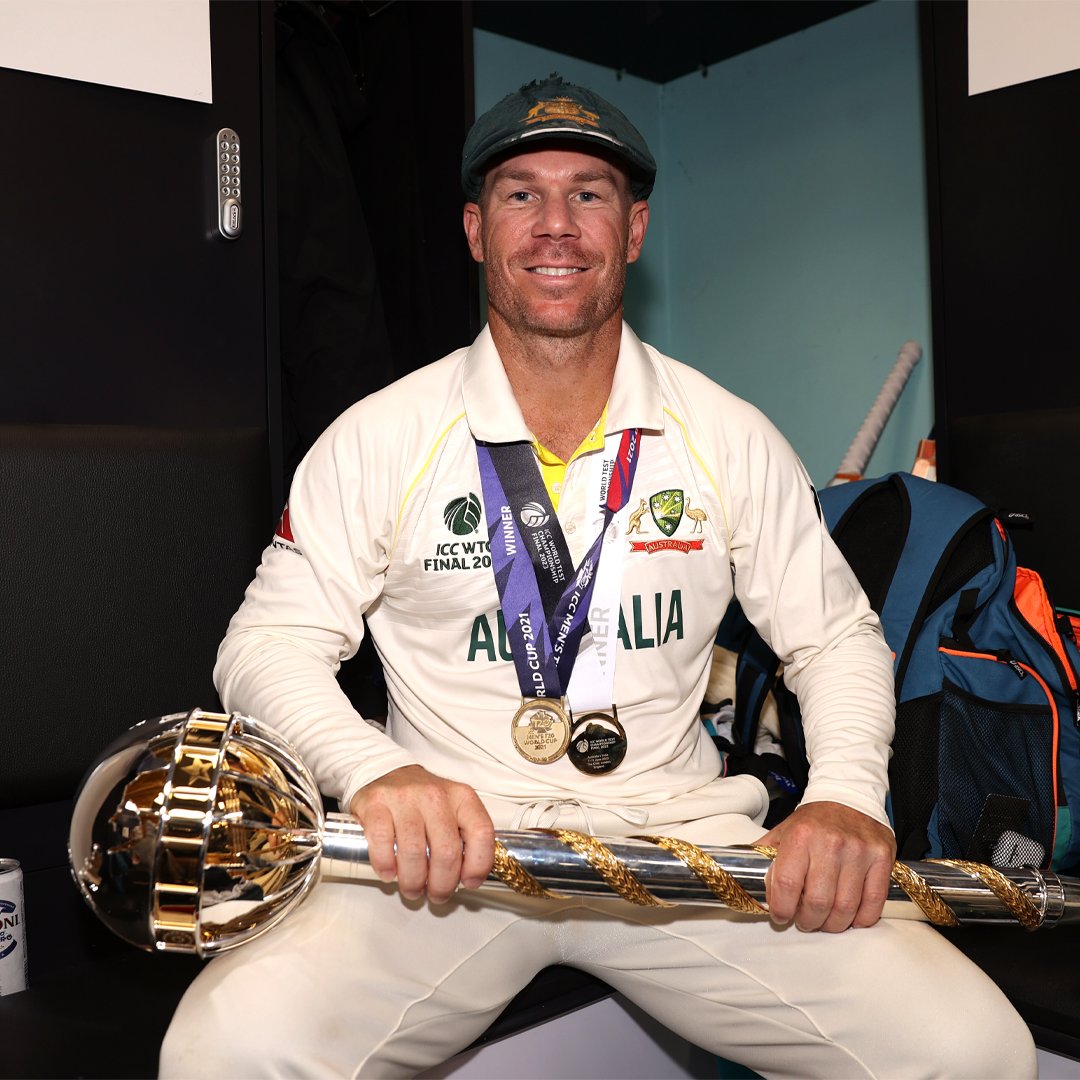 ICC's tweet photo. T20 World Cup 2021 🎖
World Test Championship 2023 🎖

David Warner adds one to the collection ✅

#WTC23 | #AUSvIND https://t.co/C8ov5FPh5z