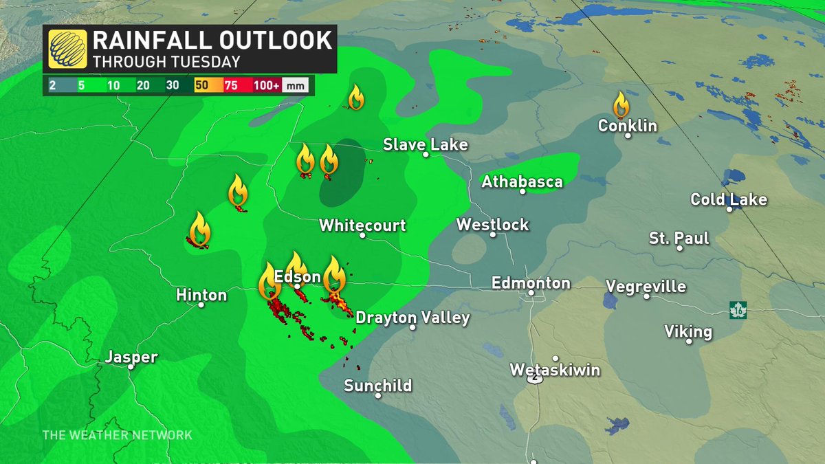 On Sunday, @townofedson will see a change in wind direction, which often leads to unusual and unpredictable #wildfire behaviour. However, in the long range, incoming rain may aid in relief efforts here, and to several other fires in Alberta’s northwest. #ABfire #ABwx #ABstorm