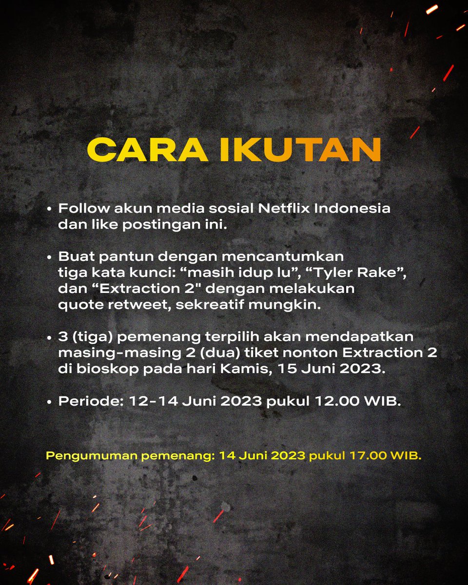 📢 Mau nonton Film Extraction 2 duluan &amp; di bioskop??
Aku punya kuis seru nih buat dapetin 6 tiket nonton Extraction 2 GRATIS, cuma modal pantun!

Klik link ini untuk cek syarat &amp; ketentuannya: bit.ly/SKNobarExtract…