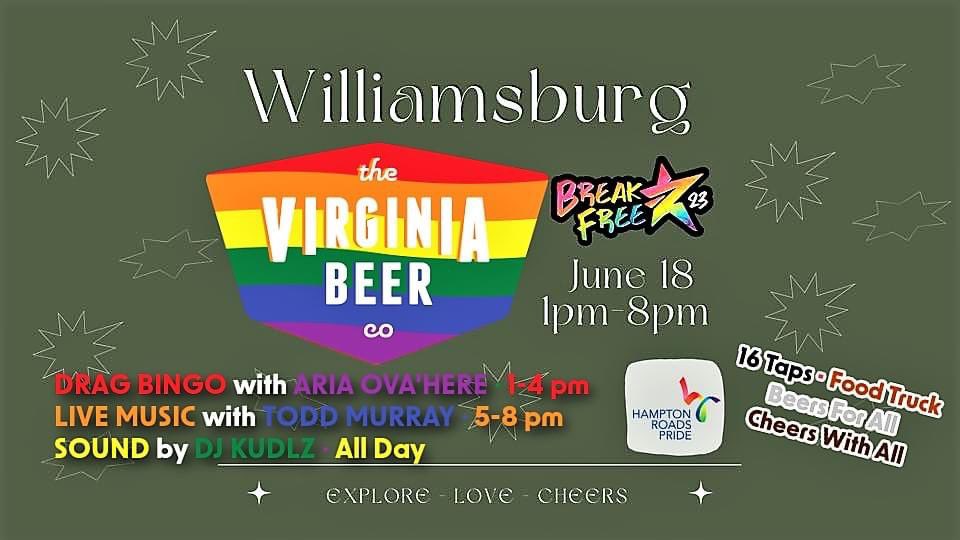 VirginiaBeerCo's tweet photo. Join us in one week to celebrate #757Pride! Enjoy:

🌈 Drag Bingo [1-4 pm]!

✨ Live Music [5-8 pm]!

🌈 Sound by DJ Kudlz!

✨ Pours of Friends Of Dorothy Pride IPA [benefits @EqualityVA]!

🌈 Bites by @piggyswurst!

Here’s to beers for all and cheers with all! 🍻 #BreakFree23 https://t.co/t17dENz3fz