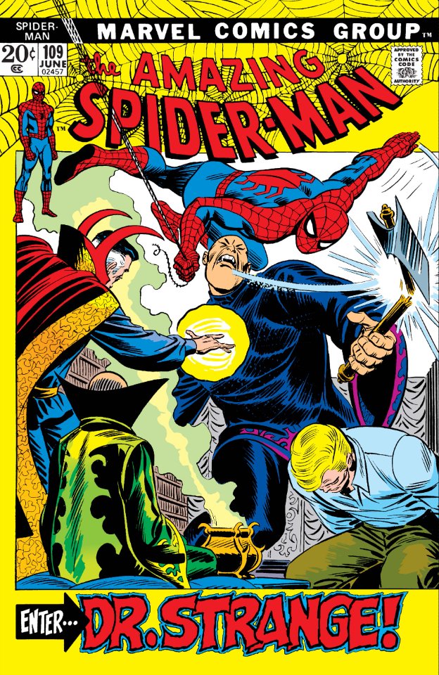 Amazing Spider-Man #109, 1972. #MarvelADay #ASM109
“Enter: Dr. Strange!”
Writer: Stan Lee
Pencils: John Romita
Inker: John Romita with Tony Mortellaro (backgrounds)
Cover: John Romita